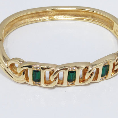 Vintage Swarovski Gold Bracelet – Green & Clear Rhinestones, Swan Logo, 1980s