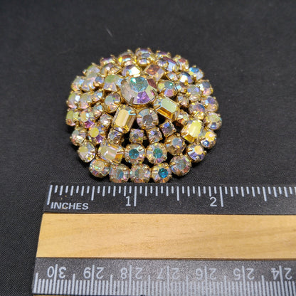 Aurora Borealis Clear Rhinestone Domed Brooch, 1960s Vintage Jewelry