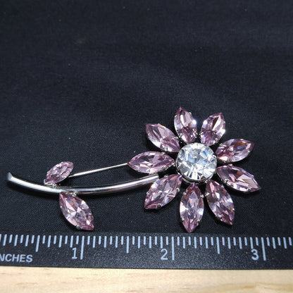 Swarovski Pink Crystal Flower Brooch, Clear Center, Swan Logo