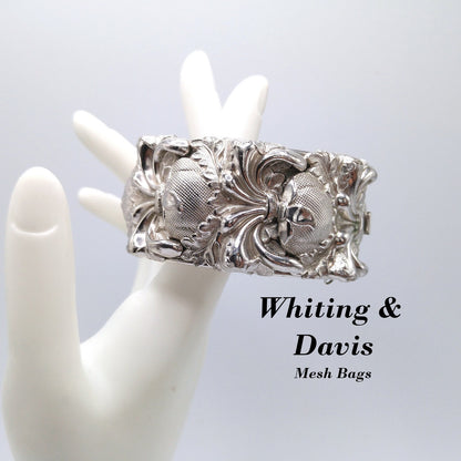 Whiting & Davis Floral Wide Hinged Bracelet, Rhodium Plated, Book Piece, 1970s Vintage Jewelry