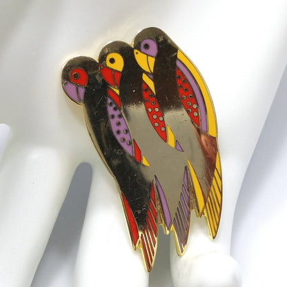Laurel Burch "Perico" Brooch, Gold Plated Parakeets, Cloisonné Birds, 1980s Vintage Jewelry