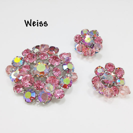 Weiss 1960s Pink Aurora Borealis Brooch & Clip Earrings Set | Dangling Crystal Beads | Vintage Mid-Century Jewelry