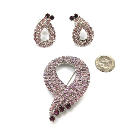 Purple Lavender Rhinestone Brooch & Earrings Set, Mid Century Modern, Rhodium Plated, 1960s Vintage Jewelry