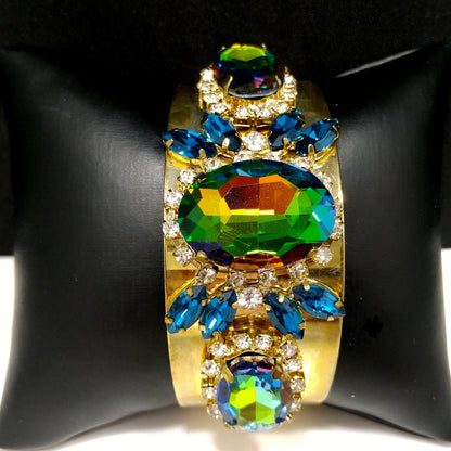 Brass Cuff Bracelet, Watermelon Crystal Rhinestones, Golden Brass, Clear & Sapphire Blue Rhinestones, Vintage Jewelry
