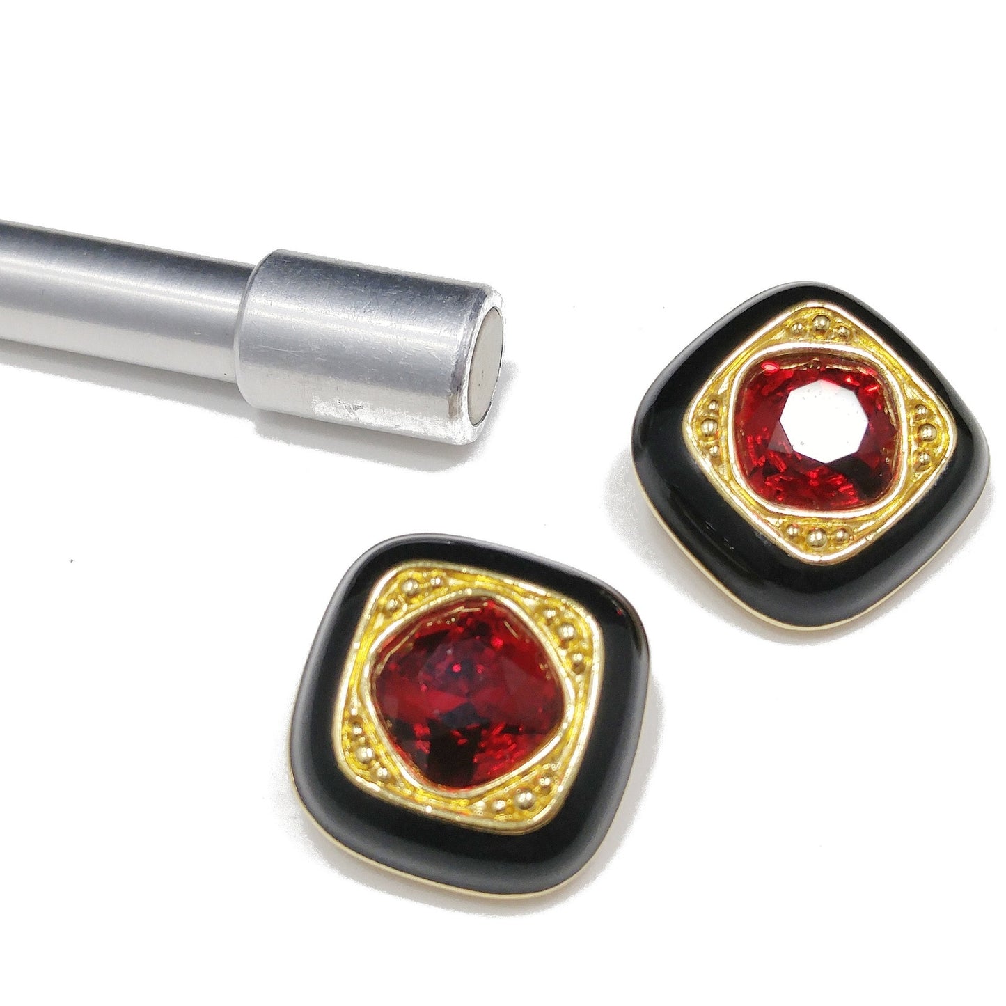 Vintage Swarovski Clip Earrings – Black Enamel & Red Crystal, Gold Plated 1980s