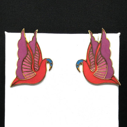 Laurel Burch "Swan" Cloisonné Post Earrings, Red Purple Pink Blue Enamel, Gold Plate, 1980s Vintage Jewelry