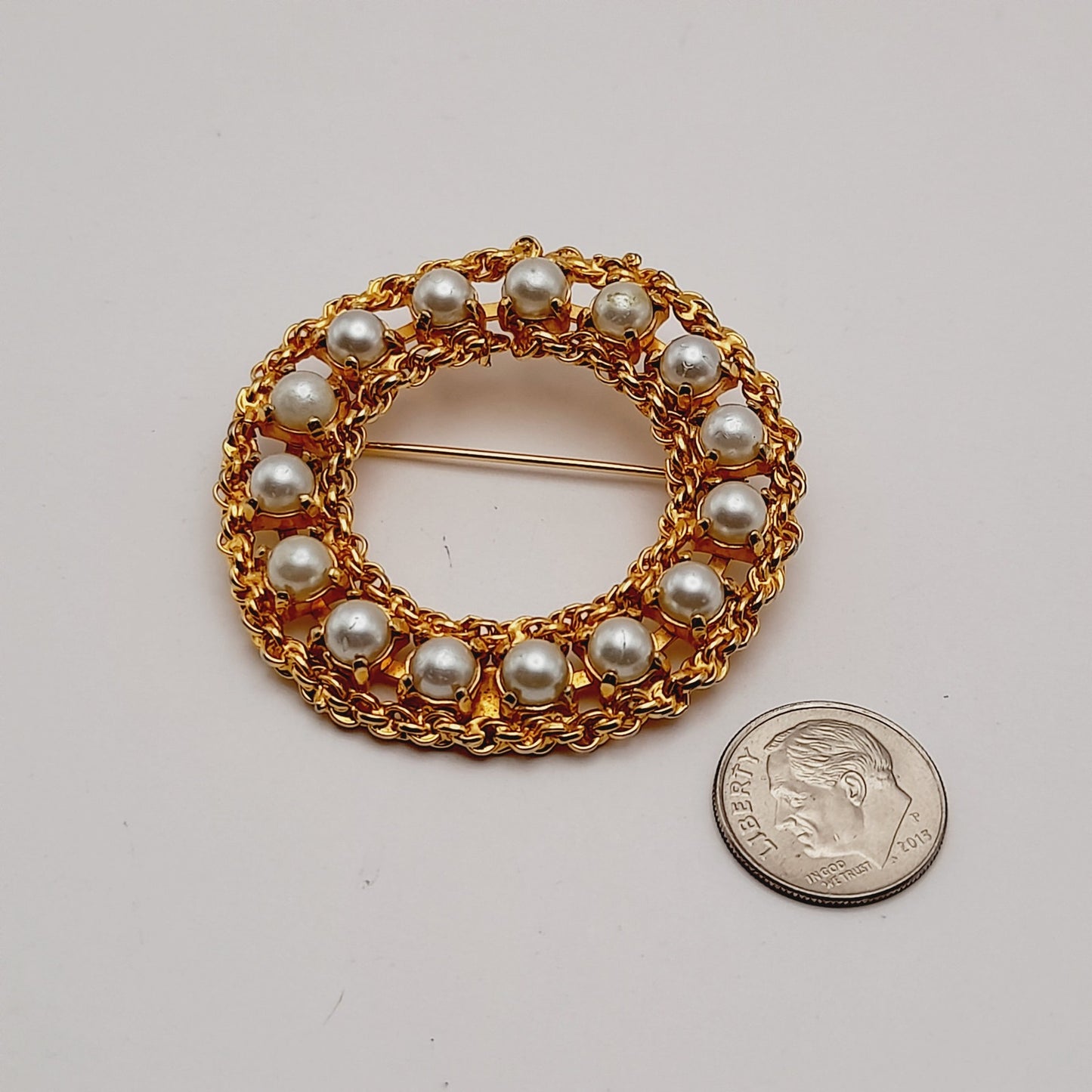 Vintage Signed Hobe Gold Tone Pearl Wreath Brooch - 2 Inches