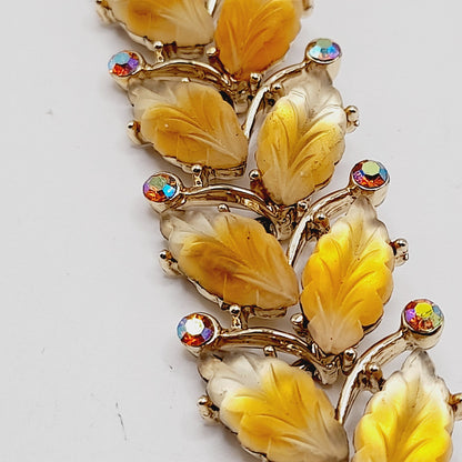 Vintage Kramer Golden Leaf Lucite AB Rhinestone Wide Bracelet