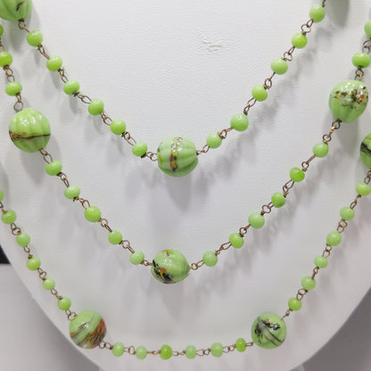 Art Deco 1920s Hand Painted Green Glass Bead Flapper Necklace 70" Wire Wrapped