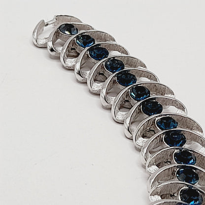 Vintage Crown Trifari Blue Rhinestone Bracelet – Rhodium Plated – 6.75 Inches