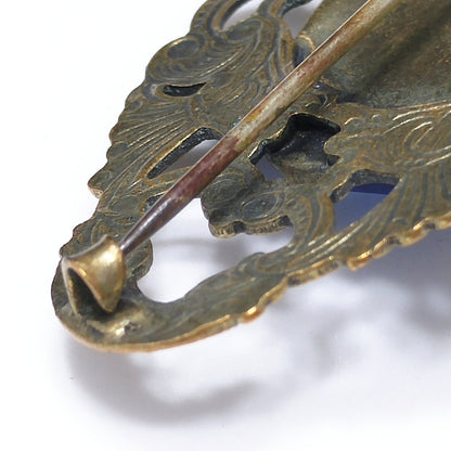 Antique Dragon Overlay Blue Glass Brooch, Edwardian Ornate Pin, 1910s Vintage Jewelry