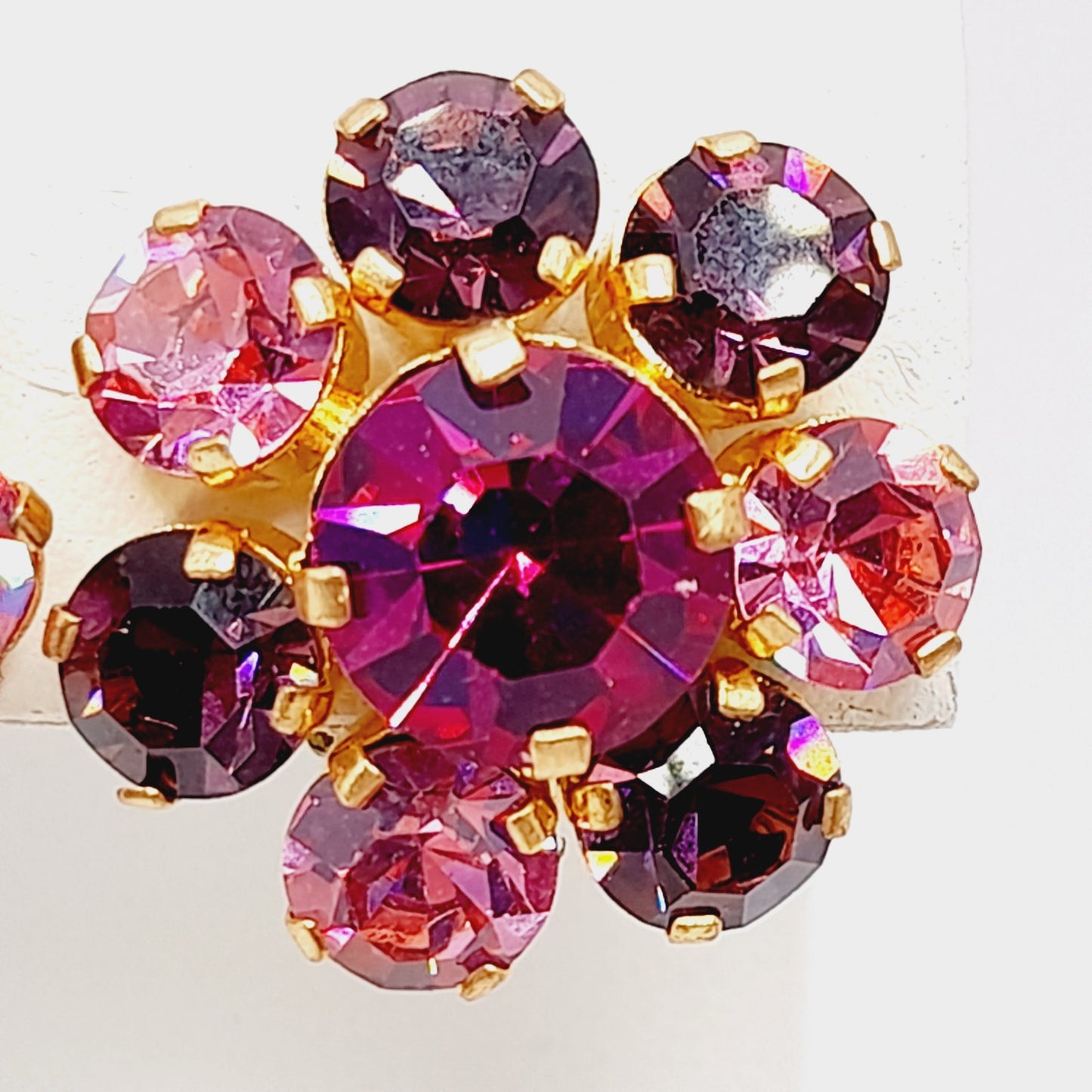 Vintage Made in Austria Pink Rhinestone Earrings Clip On Mid Century Jewelry