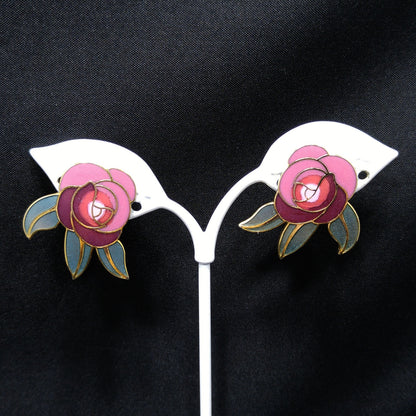 Laurel Burch "Deco Rose" Clip On Earrings, Pink Red Green Enamel, Gold Plated