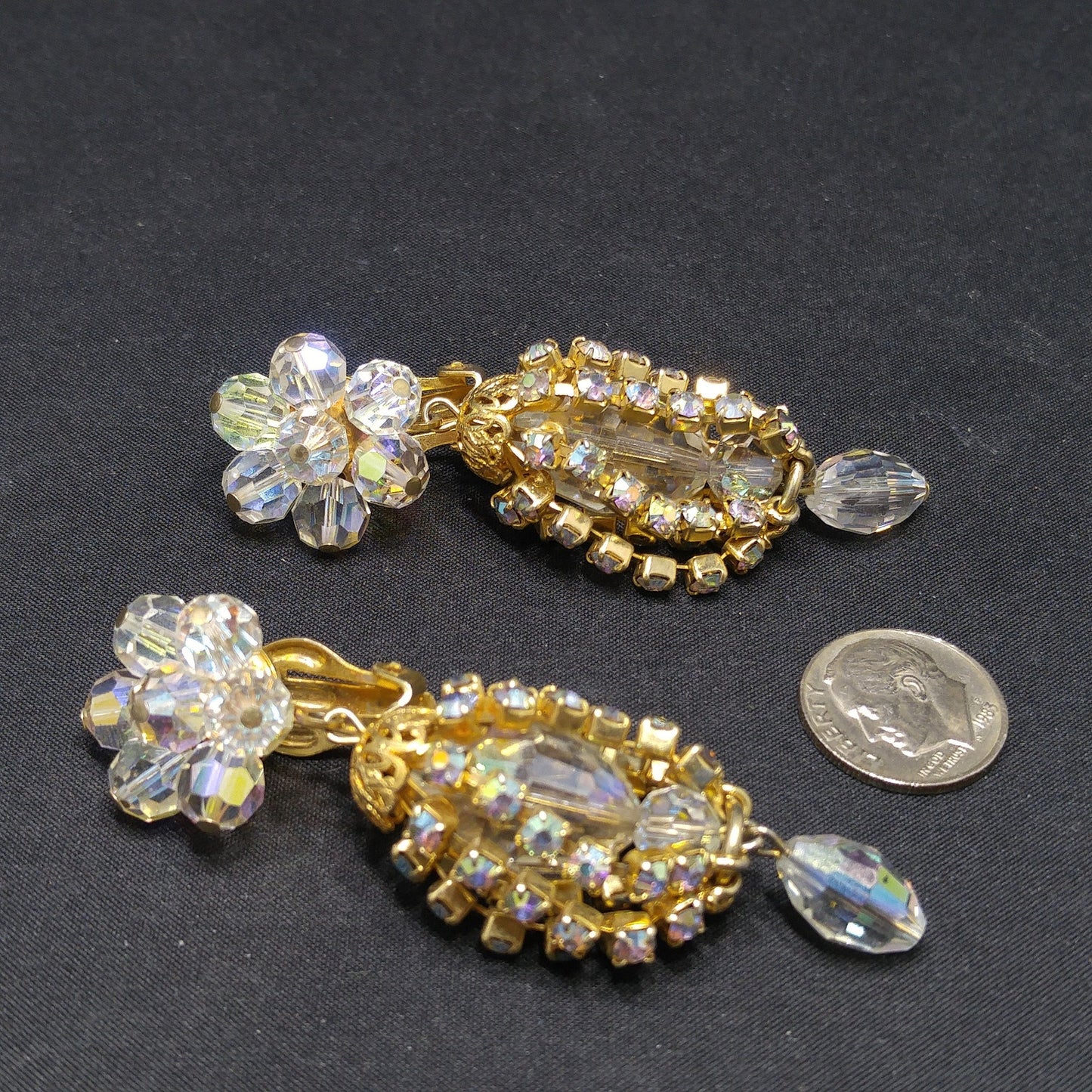 Crystal Rhinestone Dangle Clip Earrings, Aurora Borealis, 1960s Vintage Jewelry