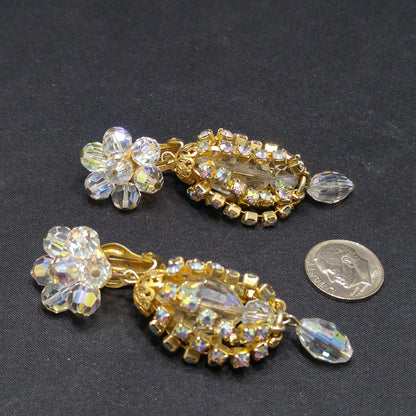 Crystal Rhinestone Dangle Clip Earrings, Aurora Borealis, 1960s Vintage Jewelry