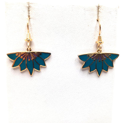 Vintage Laurel Burch Floral Earrings, Gold Plated, Teal Green Enamel