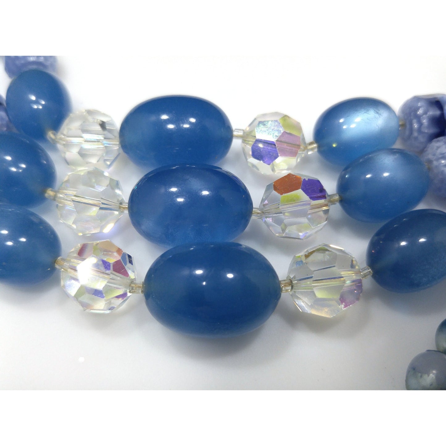 Blue Moonglow Crystal Art Glass Beaded Necklace, Three Strands, Crystal Clasp, 1950s Vintage Jewelry