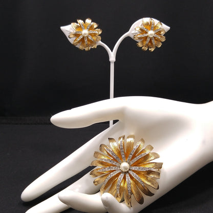 Kramer Floral Rhinestone Brooch & Earrings, Gold Plated, Faux Pearls, 1960s Vintage Jewelry
