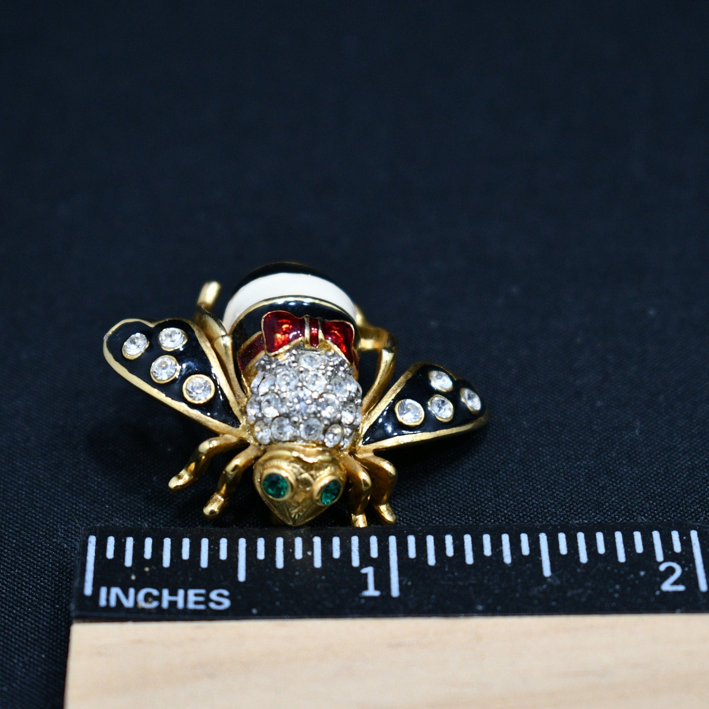 Vintage Joan Rivers Bee Brooch, Gold Plated, Enamel Red White Black, 1990s