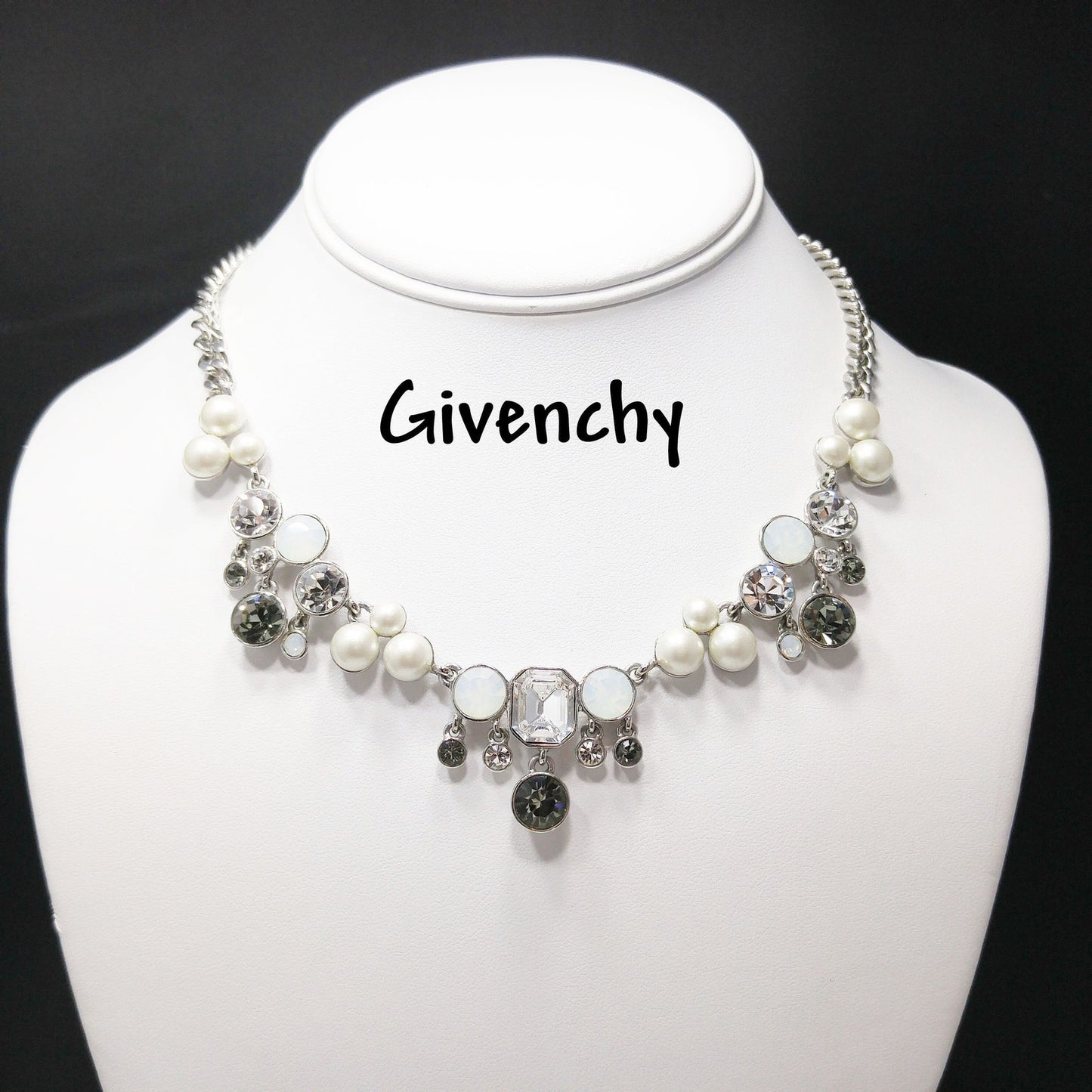 Vintage Givenchy Faux Pearl Rhinestone Necklace, Rhodium Plated, 1990s Jewelry
