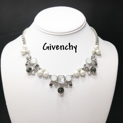 Vintage Givenchy Faux Pearl Rhinestone Necklace, Rhodium Plated, 1990s Jewelry
