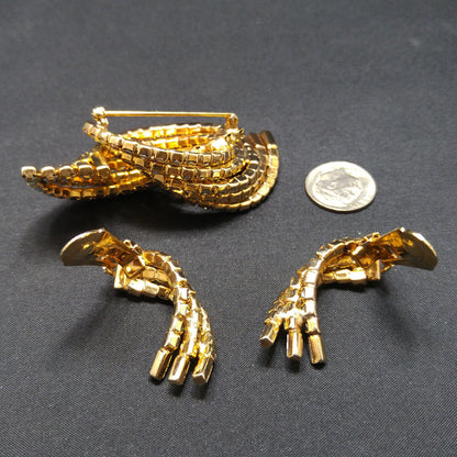 Mid-century Modern AB Rhinestone Brooch Earrings, Gold Plated, 1960s Vintage Jewelry