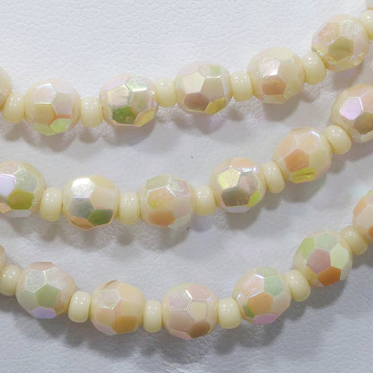 West Germany Fire Polished Beige Beaded Necklace, Three Strands, 1950s Vintage Jewelry