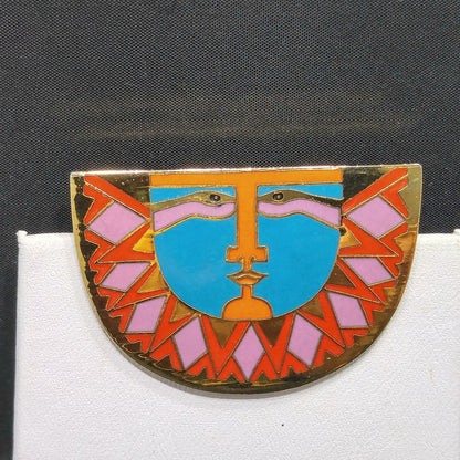Laurel Burch "Sunface" Brooch, Snake Eyes, Gold Plated, 1980s Vintage Jewelry