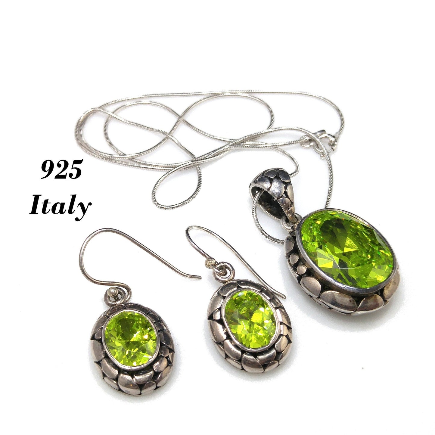 Peridot CZ Silver Necklace & Earrings Set, Italy Snake Chain, 1990s Vintage Jewelry