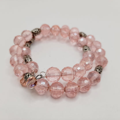 Vintage Pink Crystal Beaded Memory Wire Bracelet or Choker Necklace – 15 Inch Convertible Jewelry