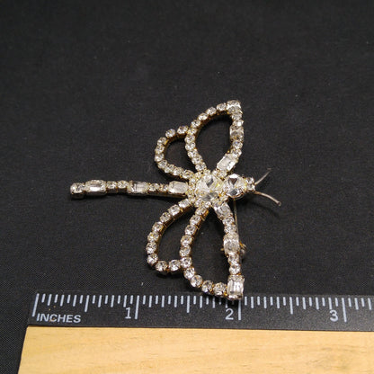 Clear Rhinestone Dragonfly Brooch, Mid-Century, Foil Back Stones, 1950s Vintage Jewelry