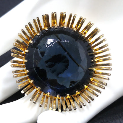 Kramer Large Blue Glass Brooch Pendant, Gold Plated, 1950s Vintage Jewelry