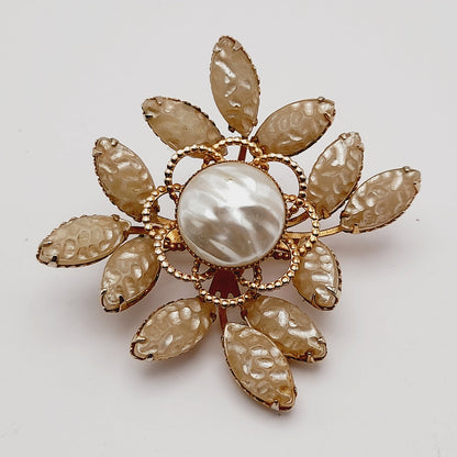 Vintage 1950s Molded Cream Leaves Faux Pearl Flower Brooch