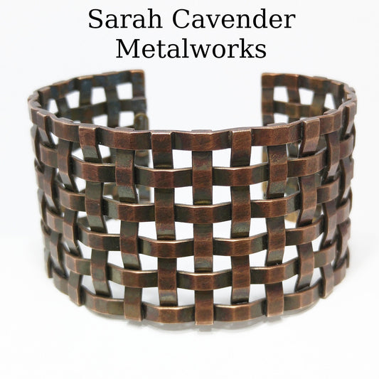 Sarah Cavender Metalworks Woven Wide Cuff Bracelet, Hand-made Metal Work Design, Vintage Jewelry