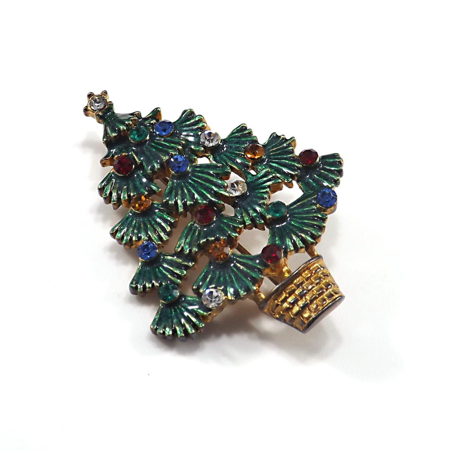 Eisenberg Ice Christmas Tree Brooch, Enamel Leaves, Rhinestones, 1970s Vintage