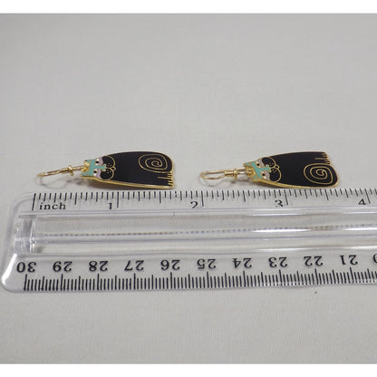 Laurel Burch "Olivia" Cat Earrings, Gold Plated, Black Enamel, 1980s Vintage