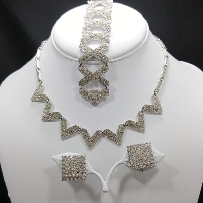 Bogoff Rhinestone Jewelry Set, Rhodium Plated Necklace Bracelet Screw Back Earrings, 1950s