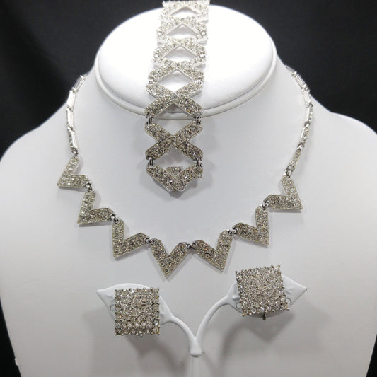 Bogoff Rhinestone Jewelry Set, Rhodium Plated Necklace Bracelet Screw Back Earrings, 1950s