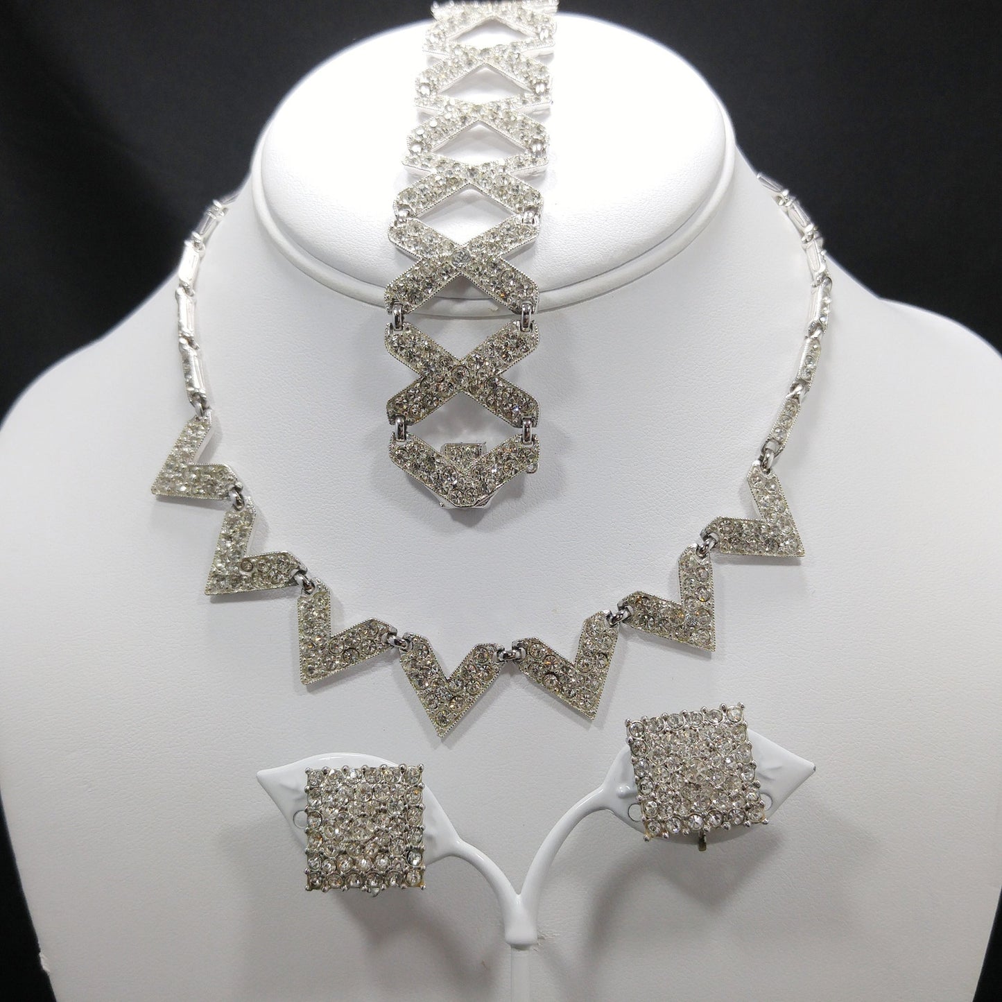 Vintage Bogoff Rhinestone Necklace Bracelet Earrings Set 1950s Rhodium Parure