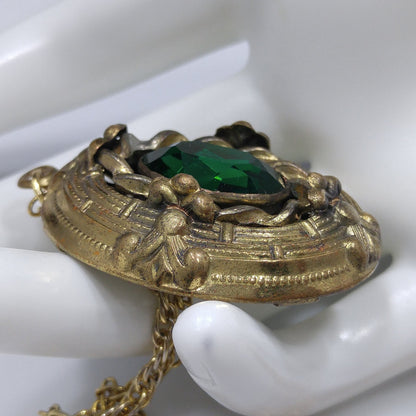 Antique 1920s Czech Emerald Green Glass Pendant Gold Filigree Necklace