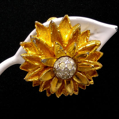 Joseph Mazer Flower Brooch & Earrings, Gold Plated, 1960s Vintage Jewelry