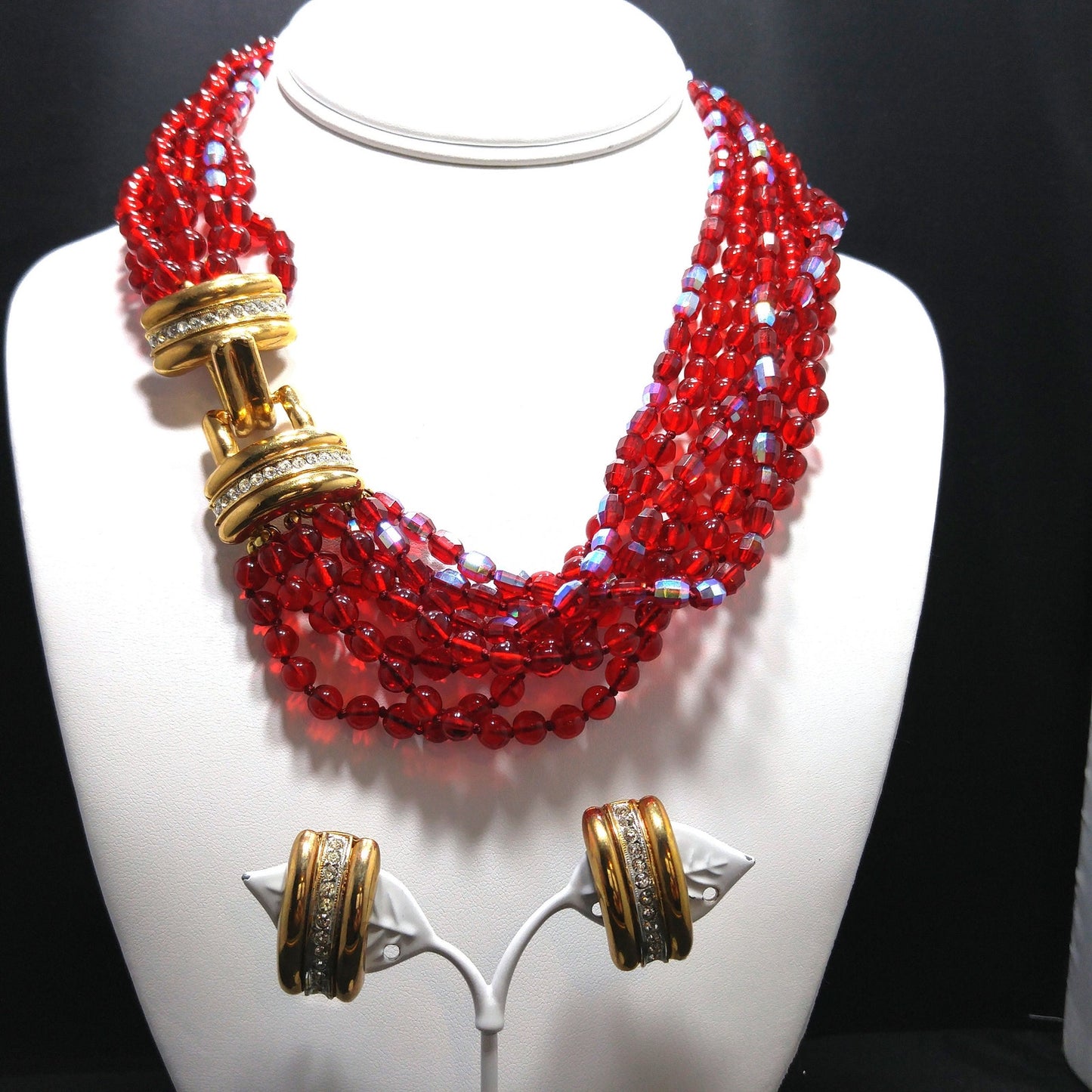 Vintage Stannard Red Glass Bead Necklace Earrings Set Gold Rhinestone Clasp 1970s