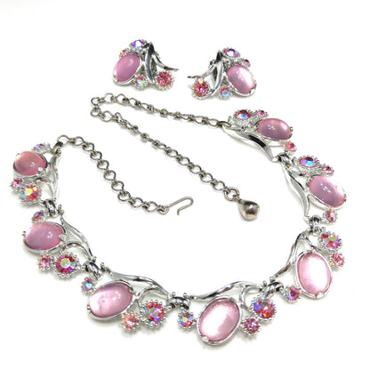 Selro Pink Lucite Necklace & Earrings, Aurora Borealis Pink Rhinestones, 1960s Vintage Jewelry
