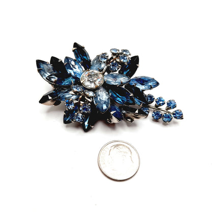 Vintage Blue Rhinestone Floral Spray Brooch, Sapphire Clear Stones, 1950s Jewelry