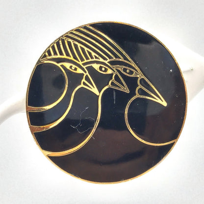 Vintage Laurel Burch "Celestial Birds" Clip Earrings, Black Enamel, Gold Plated