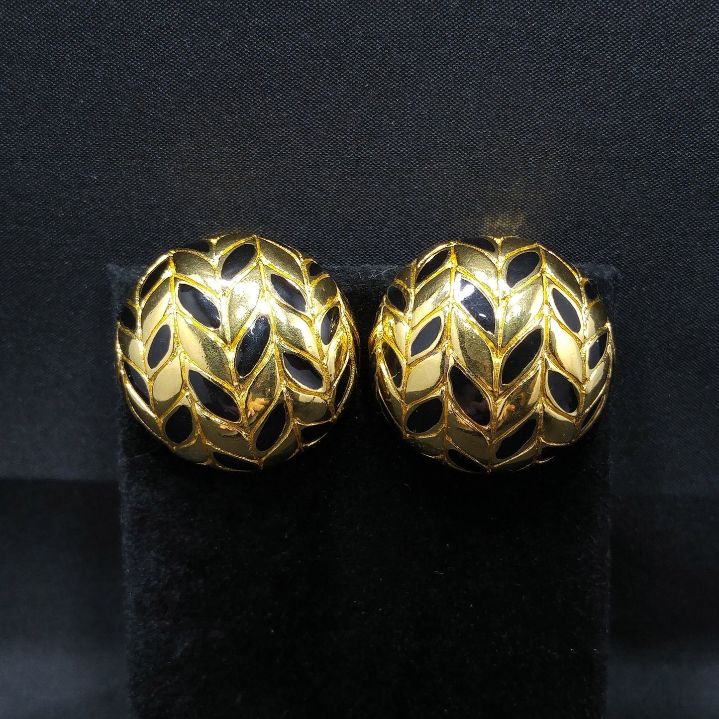 Ciner Gold & Black Clip Earrings, Gold Plated, Black Enamel, 1980s Vintage Jewelry