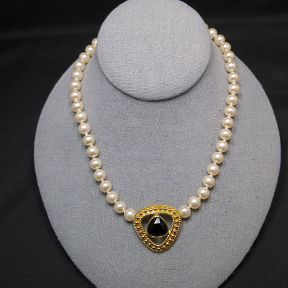 Swarovski Faux Pearl Necklace with Black Crystal Pendant, Gold Plated, 1990s Vintage