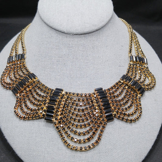 Black Rhinestone Festoon Necklace, Gold Plated, 1950s Vintage Jewelry