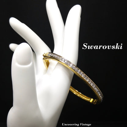 Vintage Swarovski Gold Plated Bangle Bracelet with Crystal Rhinestones, Swan Logo