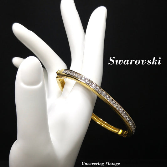 Vintage Swarovski Gold Plated Bangle Bracelet with Crystal Rhinestones, Swan Logo